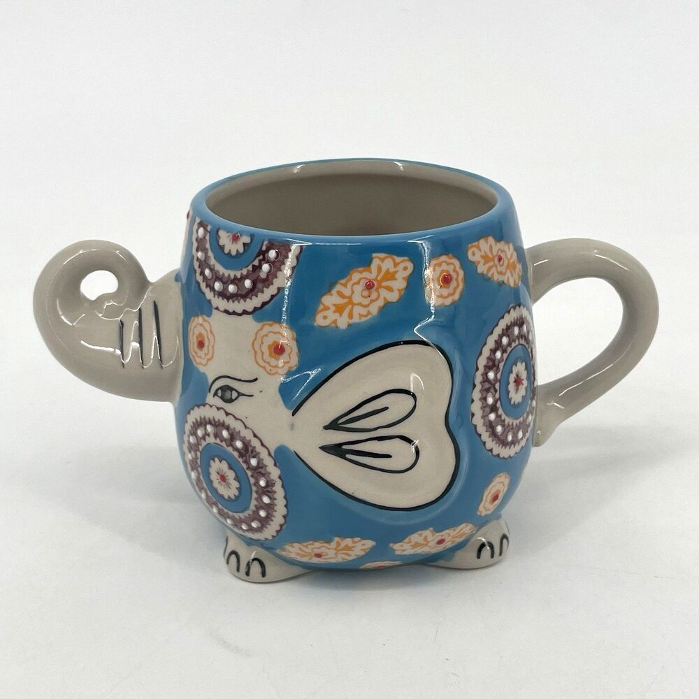 Yokohama Studio 3D Elephant Mug Japan Cup 20oz Hand Painted Blue Trunk Up Whimsy